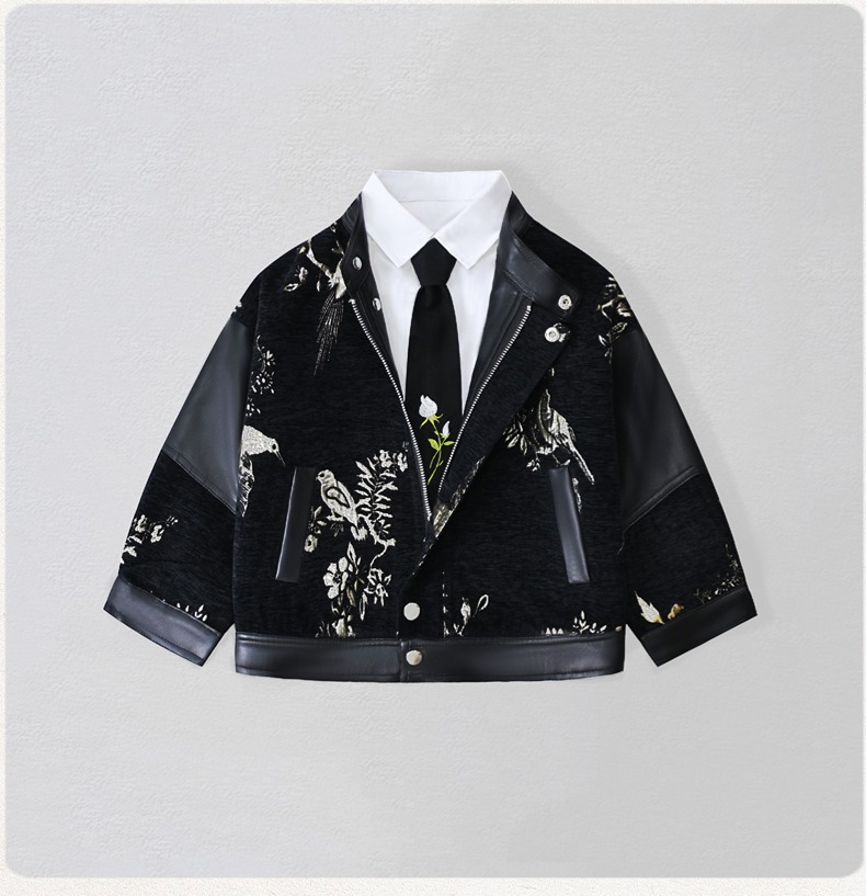 Leather Work Jacket - Beyefendi Çocuklar Nakışlı Motosiklet PU Deri