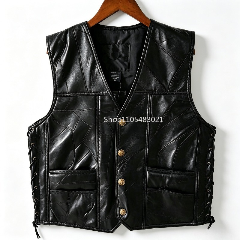 Leather Work Jacket - Erkek Siyah Patchwork Deri Biker Yeleği,