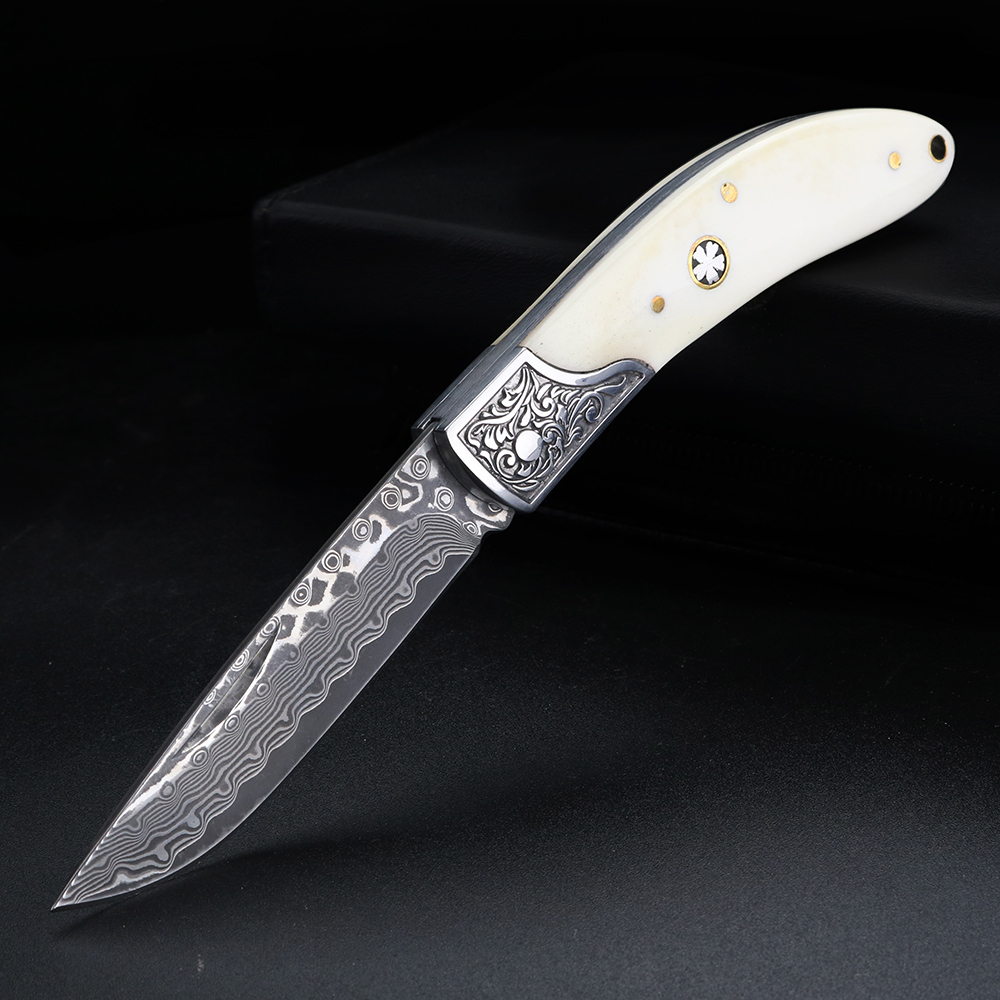 Bone Folder Tool - Boğa kemiği Şam çeliği katlanır bıçak,