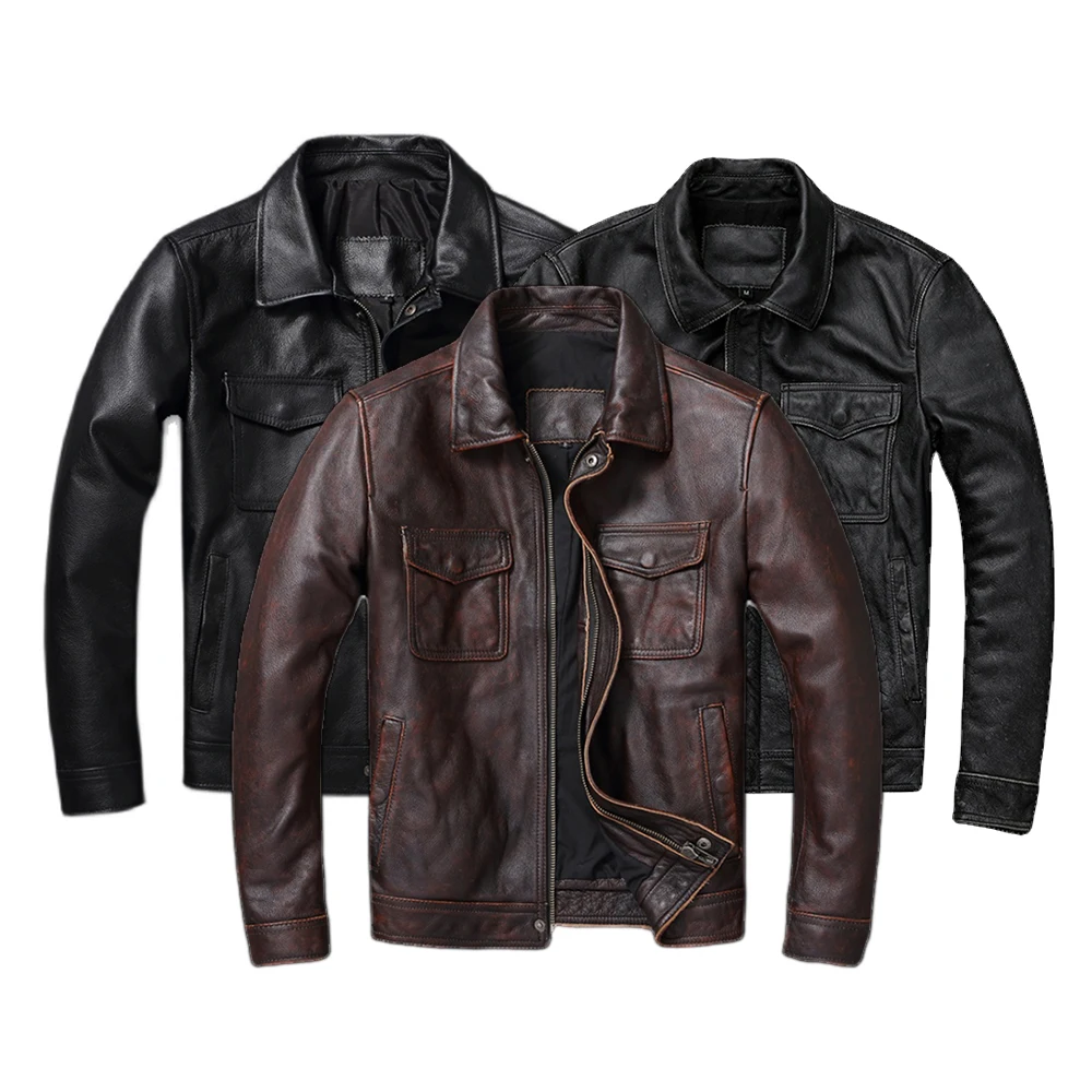 Leather Work Jacket - Vintage kahverengi kırmızı hakiki deri ceket