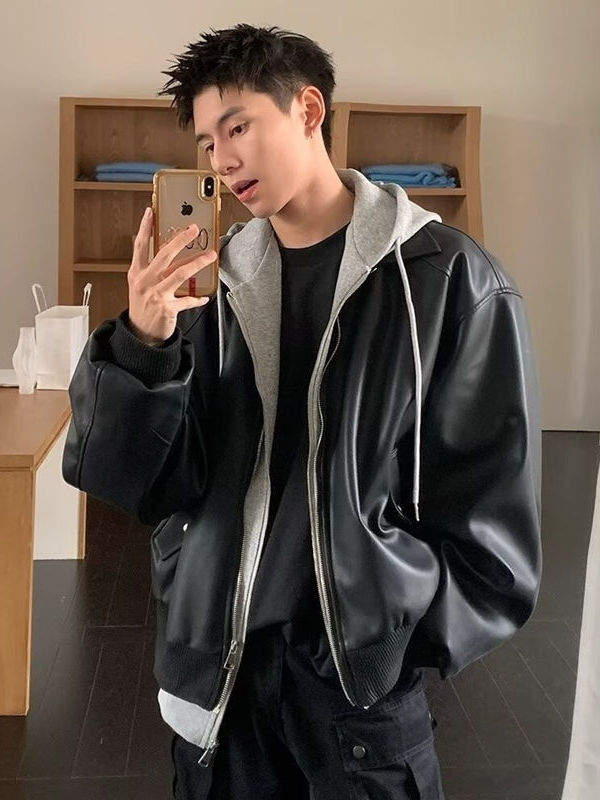 Leather Work Jacket - Erkek Kapüşonlu PU Deri Ceket Sahte